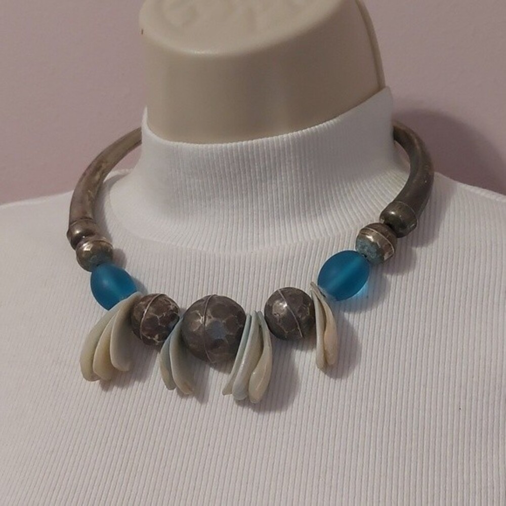 Mixed Media Boho Tribal Runway Choker Necklace Shell Resin Hammered Metal Beads
